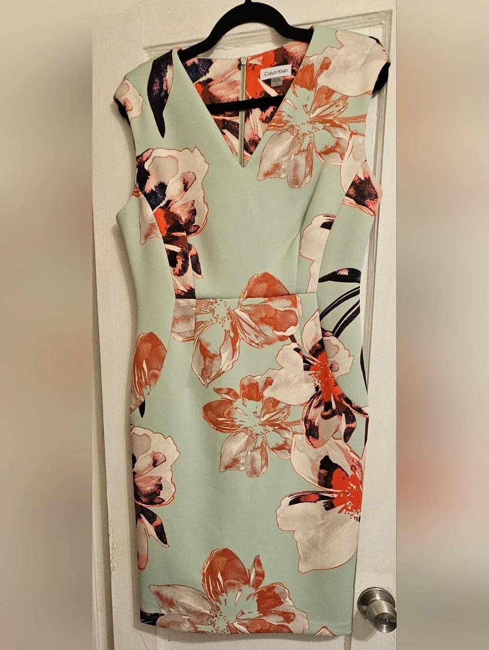 Calvin Klein Mint Green Floral Midi Sheath Dress with Coral Accents